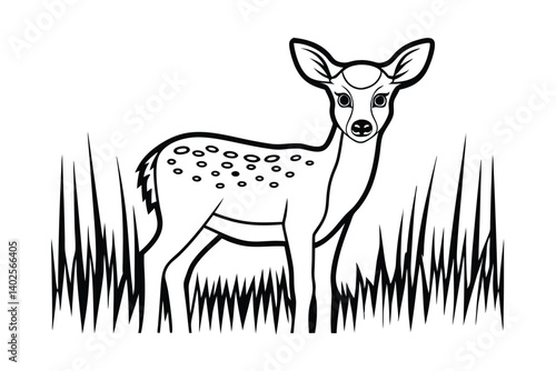 Line Art Drawing of a Fawn in Tall Grass
