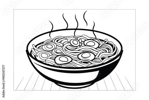 Steaming Hot Noodle Soup Bowl, Delicious Asian Cuisine Illustration