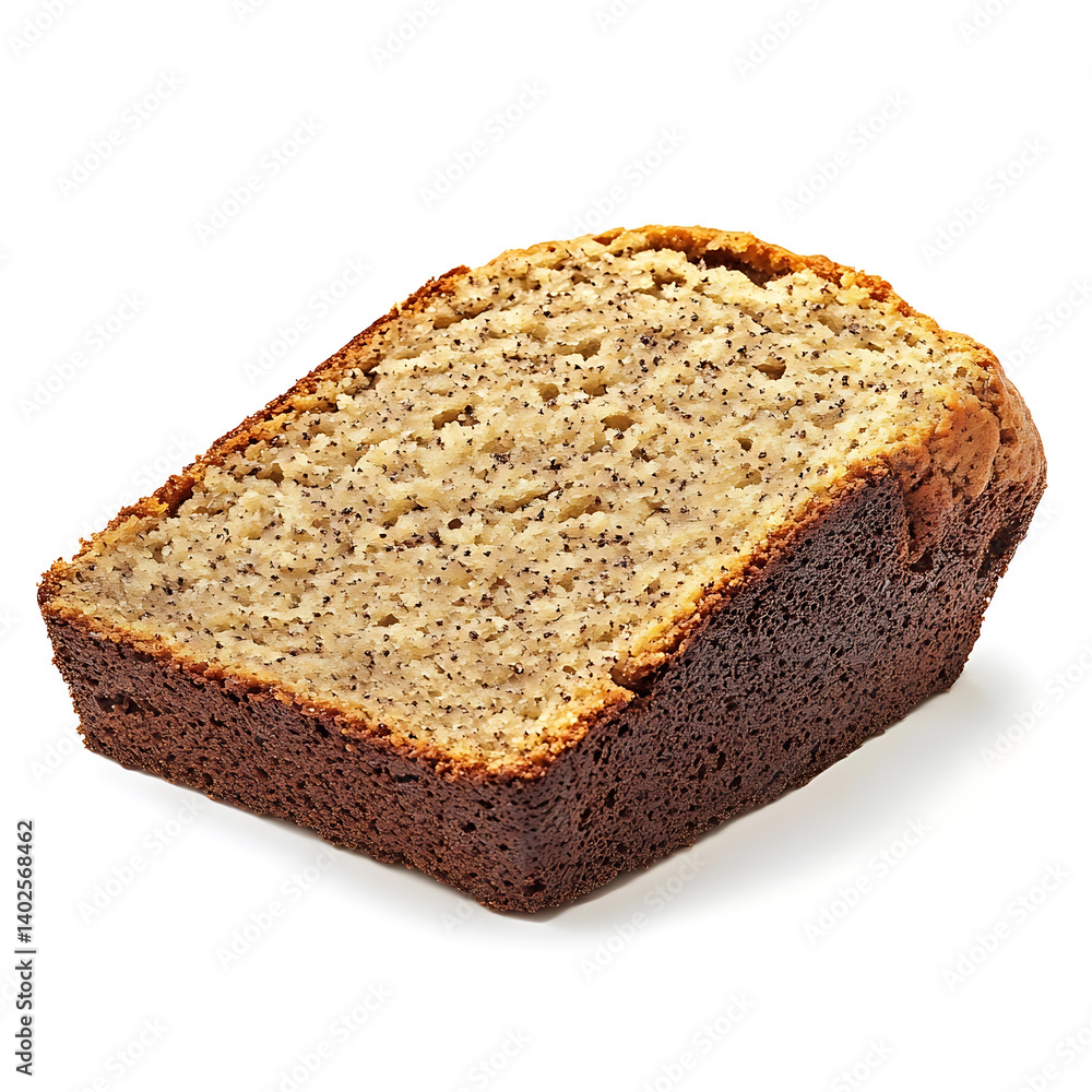 A freshly baked banana bread slice with a golden brown crust, soft moist interior, and visible banana specks A freshly baked banana bread slice with a golden brown crust, soft moist interior, and visible banana specks