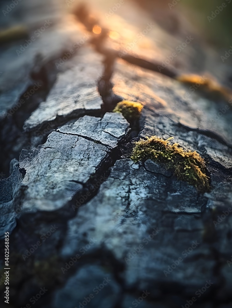 Fototapeta premium Macro Nature close-up: Textural Wood Bark & Moss with Organic Details in a Forest Ecosystem