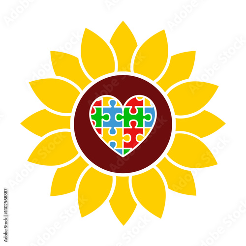 Autism jigsaw puzzle heart with sunflower svg cut file. Isolated vector illustration.