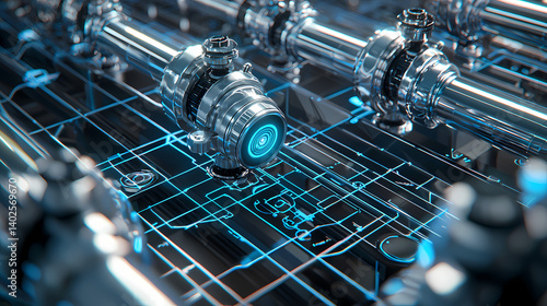 A futuristic industrial scene featuring metallic pipes and valves with glowing blue elements, showcasing advanced technology and engineering design.
