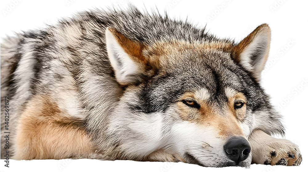 Fototapeta premium Wolf with soft and majestic fur, wolf relaxing on the ground, isolated on transparent background