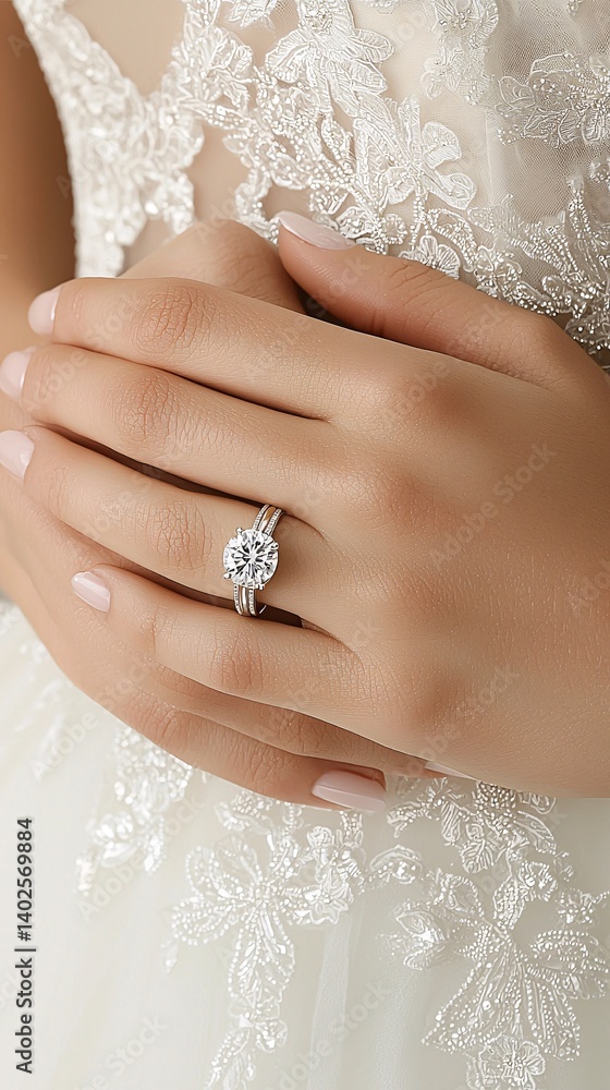 Elegant woman hand wearing stunning engagement ring with sparkling diamond on wedding dress in soft natural light