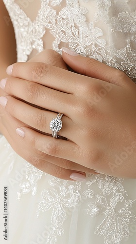 Obraz na płótnie Elegant woman hand wearing stunning engagement ring with sparkling diamond on wedding dress in soft natural light w salonie