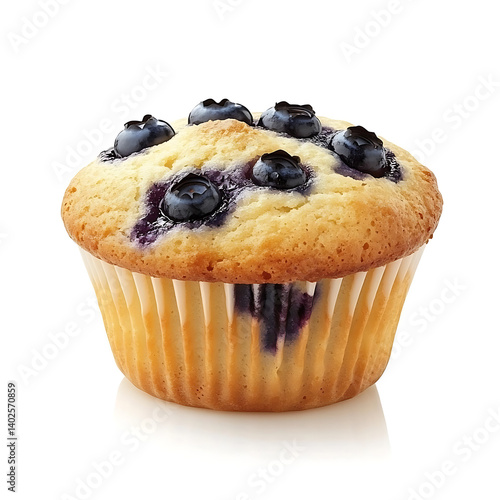 A freshly baked blueberry muffin with a golden brown top, soft crumb, and visible plump blueberries