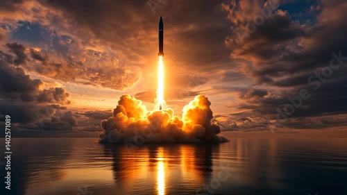 Spectacular rocket launch over tranquil ocean during golden hour sky
