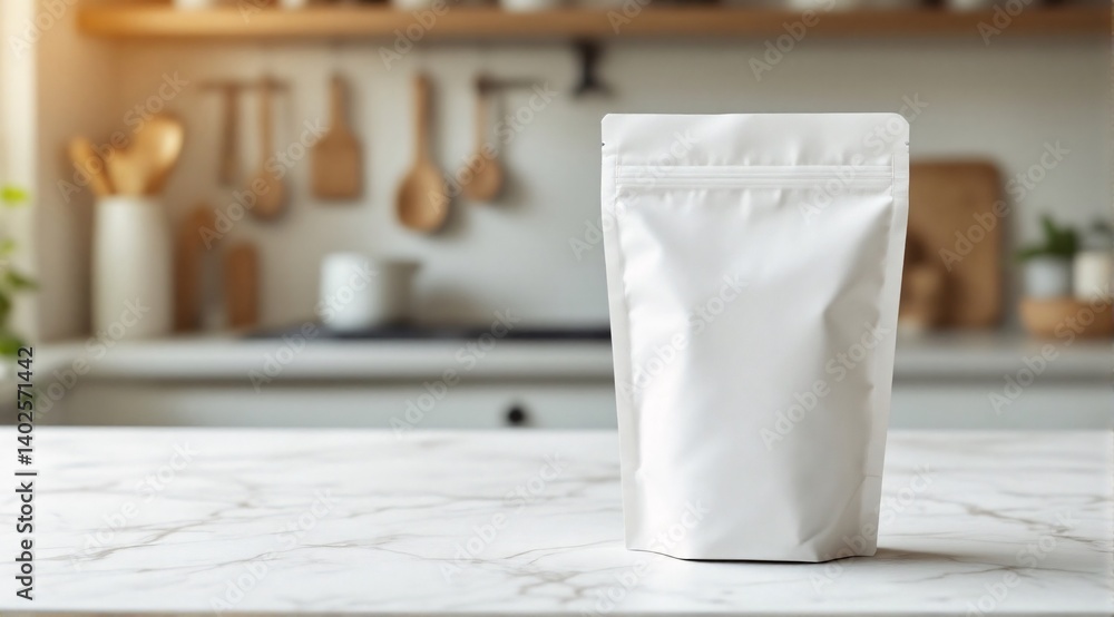 A clean, white paper pouch with a ziplock rests on a marble surface, with soft shadows enhancing its premium look. A clean, white paper pouch with a ziplock rests on a marble surface, with soft shadows enhancing its premium look.