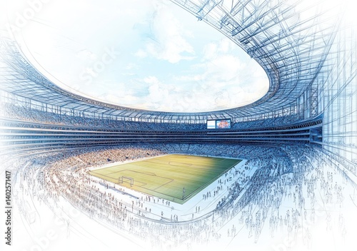 minimalist soccer stadium interior line art with dynamic perspective and ambient lighting