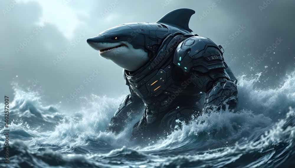 Naklejka premium Mech Shark in Ocean Waves Digital Art