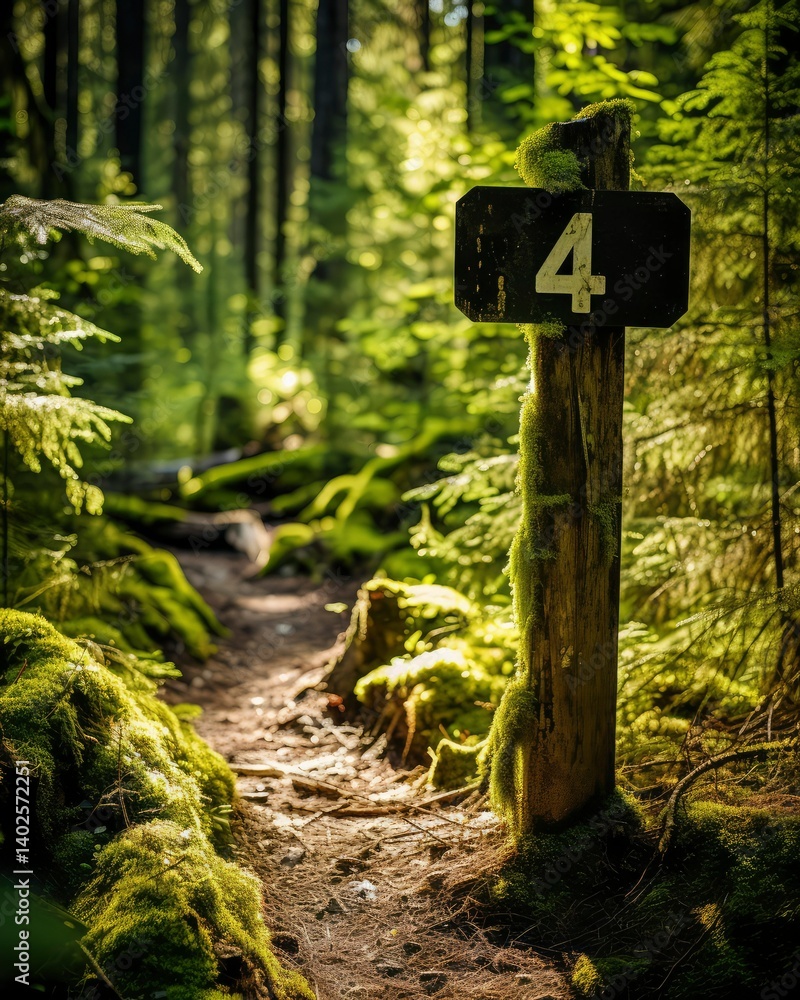 Numbered Trail Marker in Mossy Forest Path Numbered Trail Marker in Mossy Forest Path
