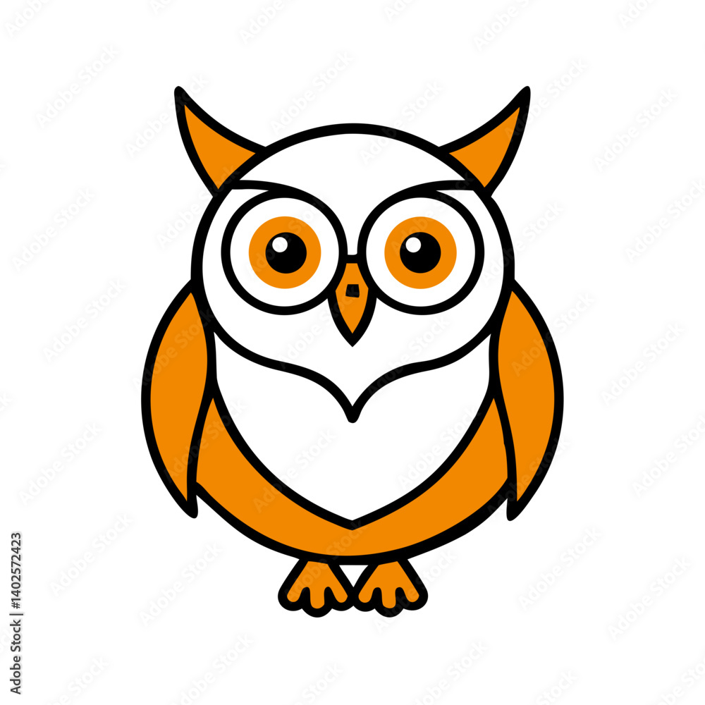 Cartoon owl illustration with orange accents on a white background, symbolizing wisdom and knowledge Cartoon owl illustration with orange accents on a white background, symbolizing wisdom and knowledge