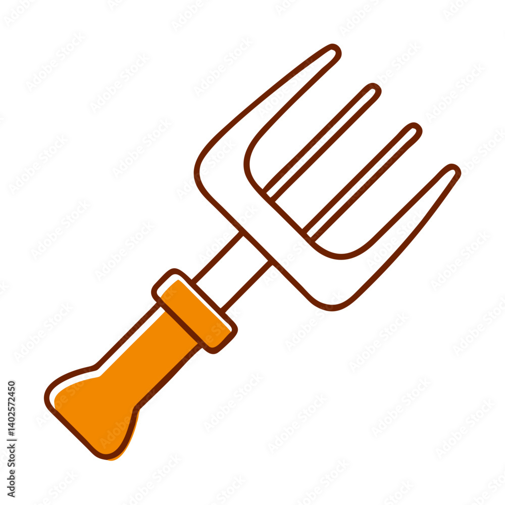 Pitchfork with an orange handle and three prongs against a white background, gardening tool for cultivating soil Pitchfork with an orange handle and three prongs against a white background, gardening tool for cultivating soil