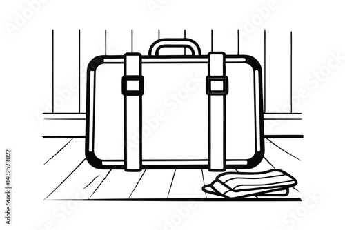 Vintage Travel Suitcase On Wooden Floor Line Art Illustration Nostalgic Journey Baggage Adventure Classic Luggage Minimalist Vector Graphics