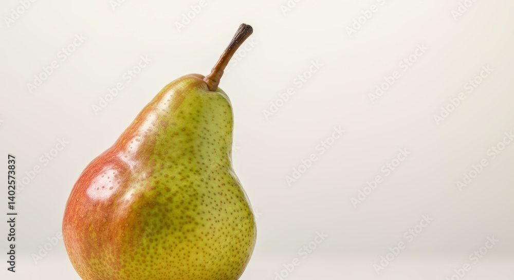 Ripe speckled pear against light background with red and green hue Ripe speckled pear against light background with red and green hue
