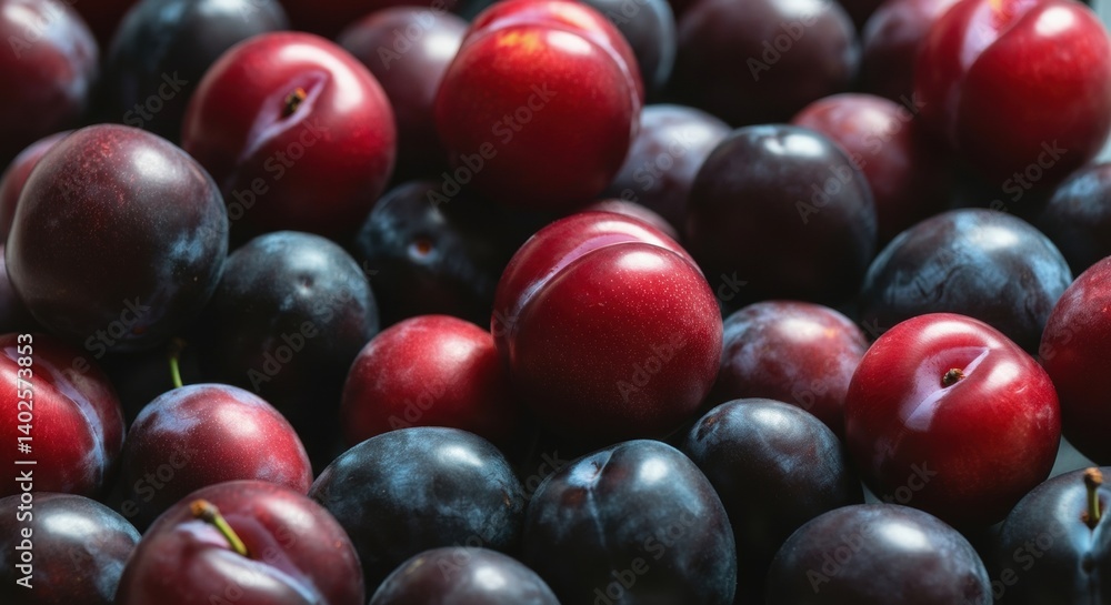 Fresh red and black plums displayed in abundance Fresh red and black plums displayed in abundance