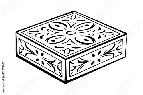 Black And White Line Art Of A Decorative Jewelry Box With Floral Patterns On A White Background