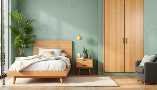 Modern Light Wood Bedroom Design with Sage Green Walls