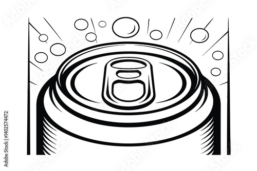 Soda Can Black And White Line Art Graphic With Effervescence Bubbles In Pop Art Style Beverage Illustration