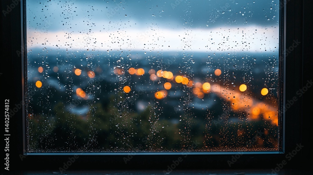Rainy Day Window View with Droplets and Bokeh Lighting Over Cityscape at Dusk