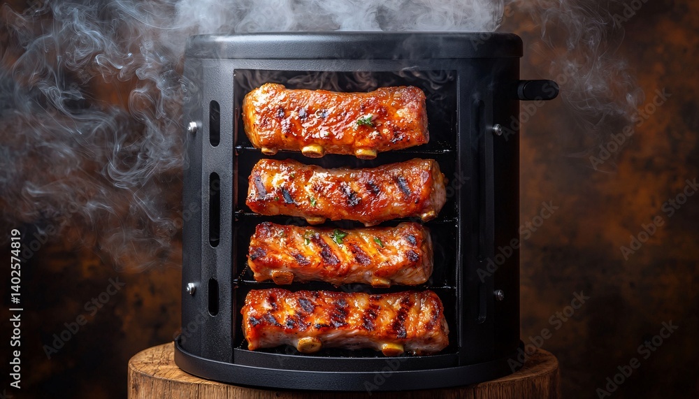 Juicy Barbecue Ribs Cooking in Smoker with Rising Smoke and Charred Marks on Meat