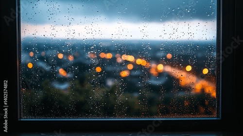Obraz na płótnie Rainy Day Window View with Droplets and Bokeh Lighting Over Cityscape at Dusk w salonie