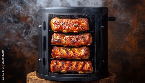 Obraz na płótnie Juicy Barbecue Ribs Cooking in Smoker with Rising Smoke and Charred Marks on Meat w salonie