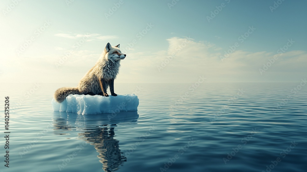 Fox Sitting on Iceberg in Calm Sea Under Clear Sky with Reflection, Symbolizing Struggle and Survival in Nature