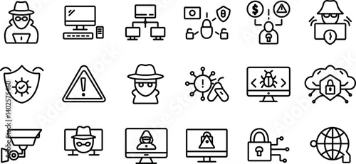 Cyber Crime Icon Set – Editable Stroke Outline Collection