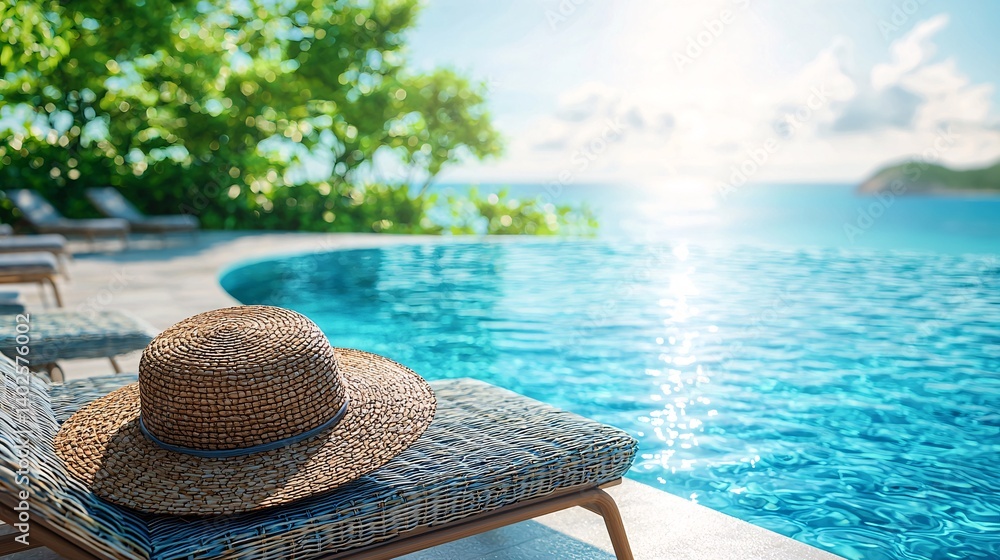 Serene Poolside View with Straw Hat Beside Sparkling Water Under Bright Sky and Lush Greenery