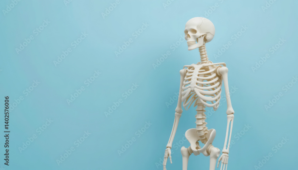 Artificial human skeleton model on light blue background with space for text Artificial human skeleton model on light blue background with space for text
