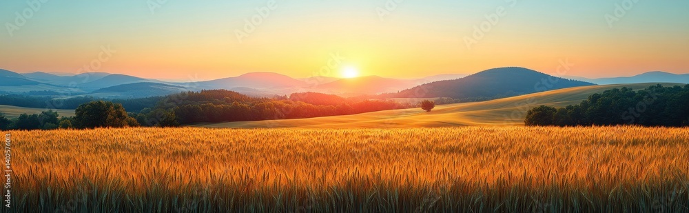 Wheat Field Sunrise Landscape in Tuscany Countryside Panoramic View Wheat Field Sunrise Landscape in Tuscany Countryside Panoramic View
