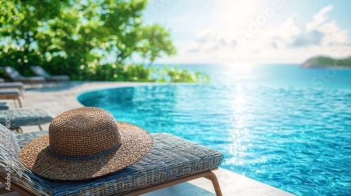 Obraz na płótnie Serene Poolside View with Straw Hat Beside Sparkling Water Under Bright Sky and Lush Greenery w salonie