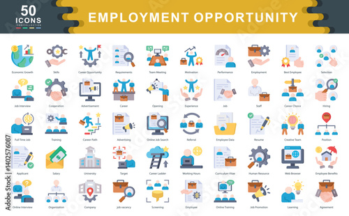 The Employment Opportunity flat icon set showcases key elements of modern recruitment such as interviews, and employee benefits ideal for HR, staffing agencies, and career development platforms.
