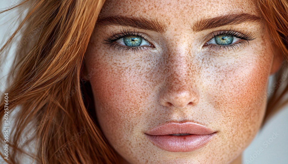 Close-Up of Beautiful Young Woman with Freckles and Bright Blue Eyes Against a Neutral Background