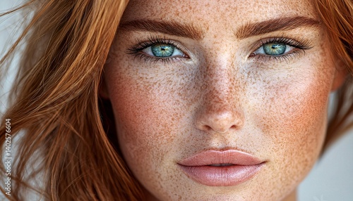 Obraz na płótnie Close-Up of Beautiful Young Woman with Freckles and Bright Blue Eyes Against a Neutral Background w salonie