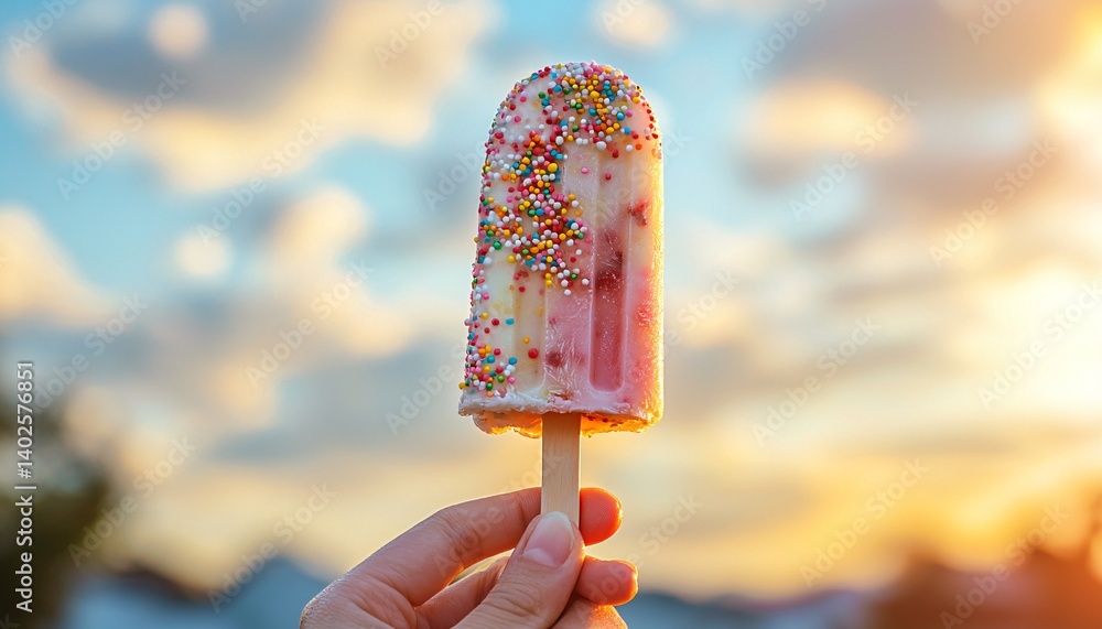 Colorful Ice Cream Bar with Sprinkles Against a Sunset Sky
