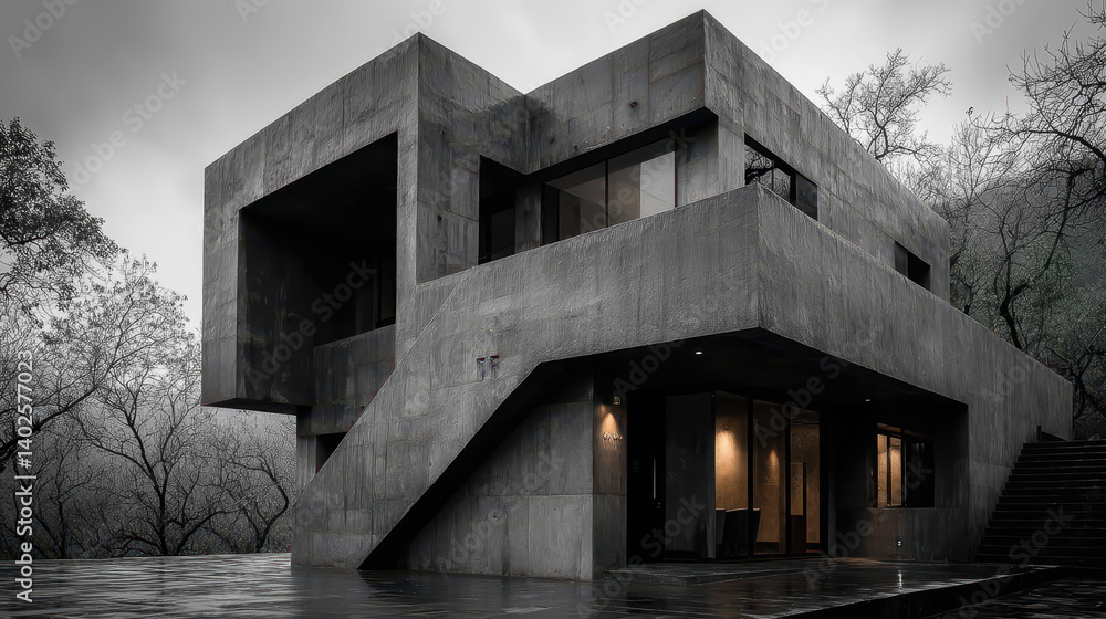 Brutalist building showcasing raw concrete design and striking features in an urban landscape