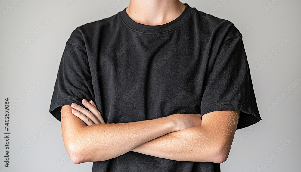 Person in Black T-Shirt with Crossed Arms Against Plain Background Signifying Confidence and Attitude in Casual Fashion