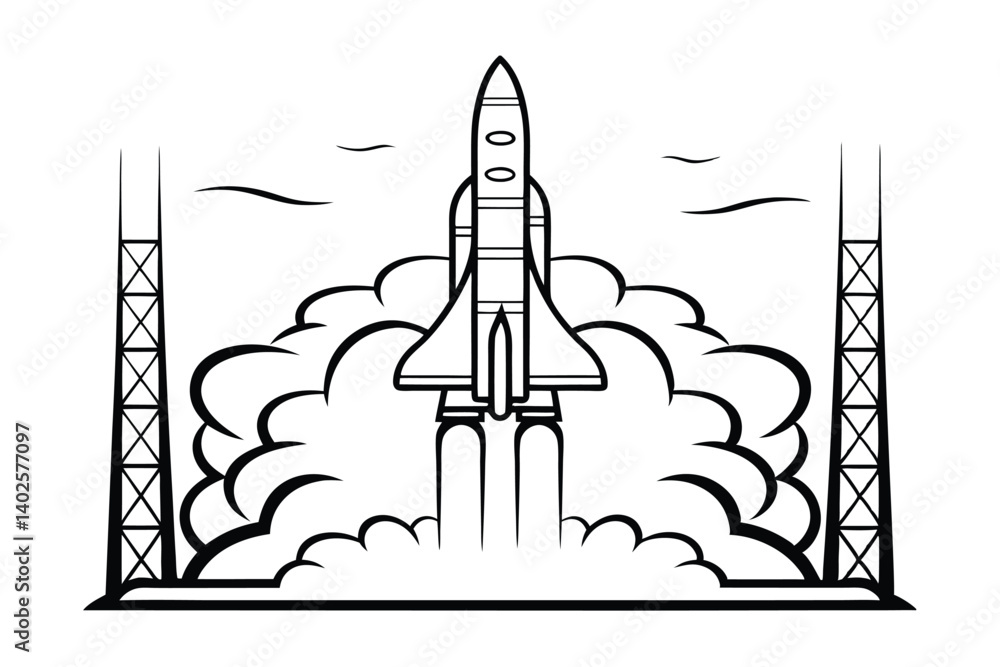 Obraz premium Vector Outline Illustration Of A Rocket Launching With Smoke In A Space Exploration Mission Black And White