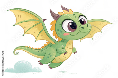 Cute baby dragon cartoon flying with white background
