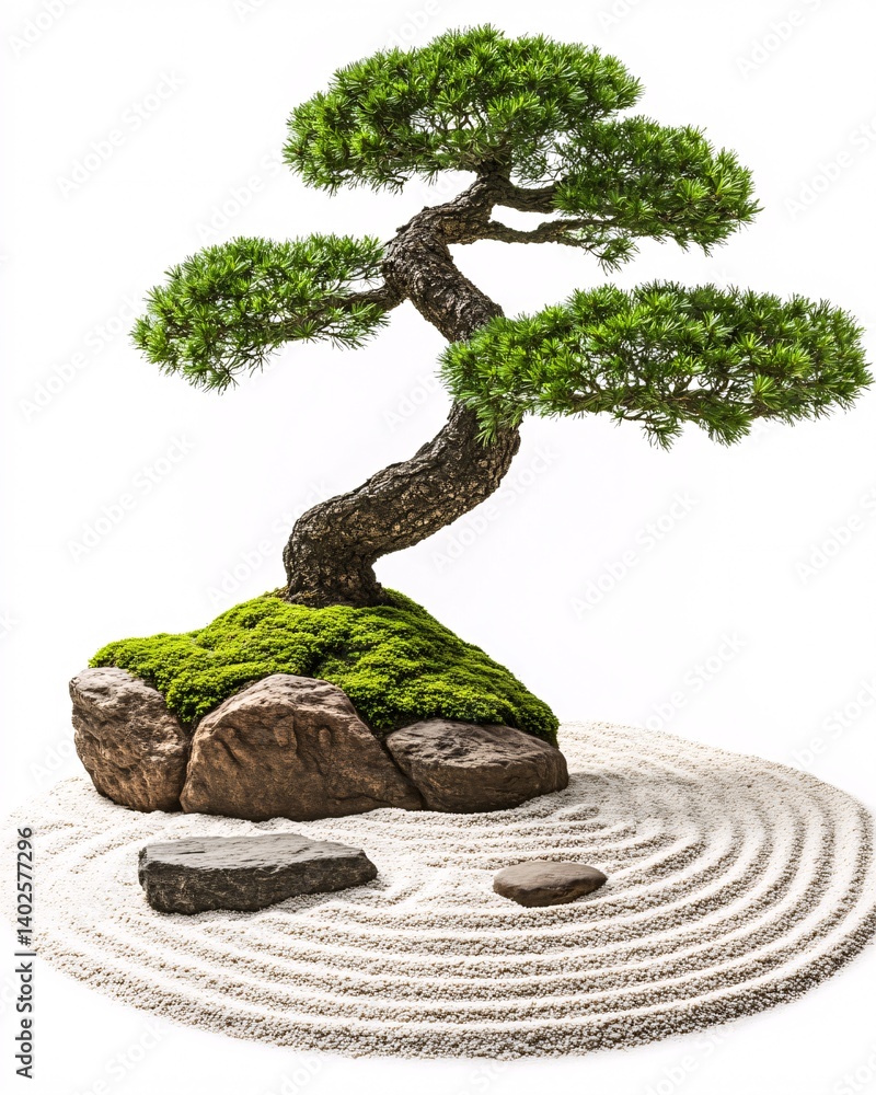 Bonsai tree surrounded by smooth stones and raked sand in a peaceful, serene Japanese Zen garden setting