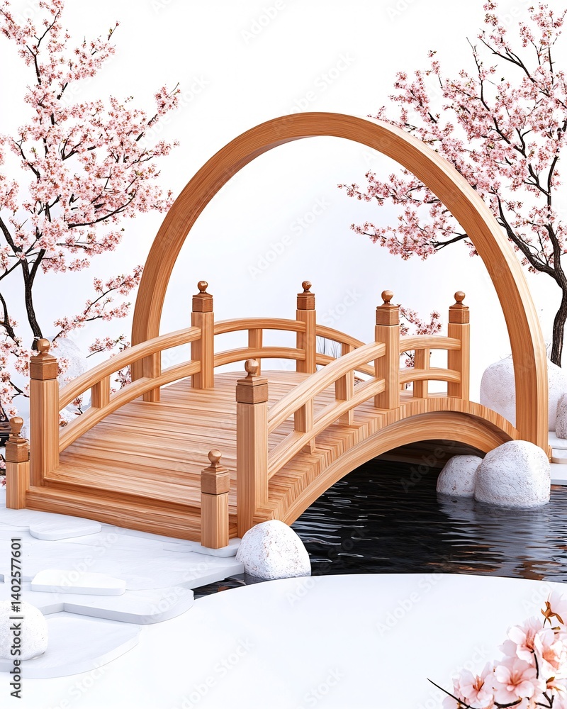 Beautiful Wooden Bridge Design Surrounded by Cherry Blossom Trees Over a Tranquil Water Feature