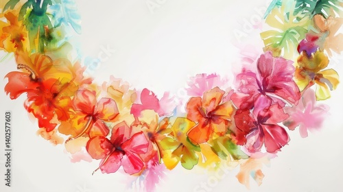 Fototapeta Naklejka Na Ścianę i Meble -  Vibrant lei day watercolor in Hawaii featuring colorful hibiscus flowers. Horizontal banner. Copy space. Summer background. Watercolor illustartion. International day of the tropics