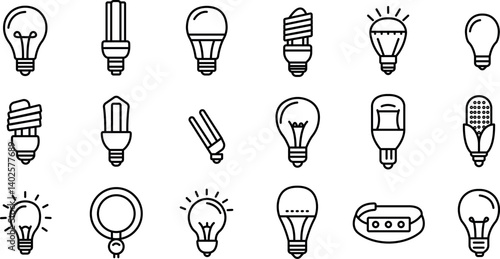 Light Bulb Thin Line Icons Set – Editable Stroke Outline Collection