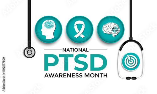 National PTSD Awareness Month is june. Health awareness vector. Realistic ribbon, Human and brain icon. Educate the public about post-traumatic stress disorder. Banner and background design template.