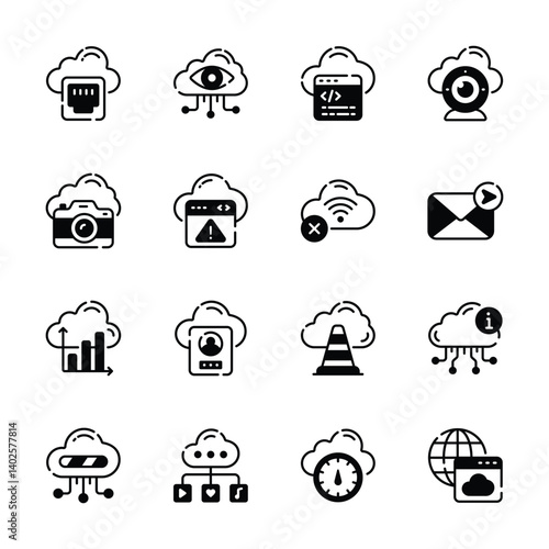 Creatively designed set showing glyph web hosting and cloud icons