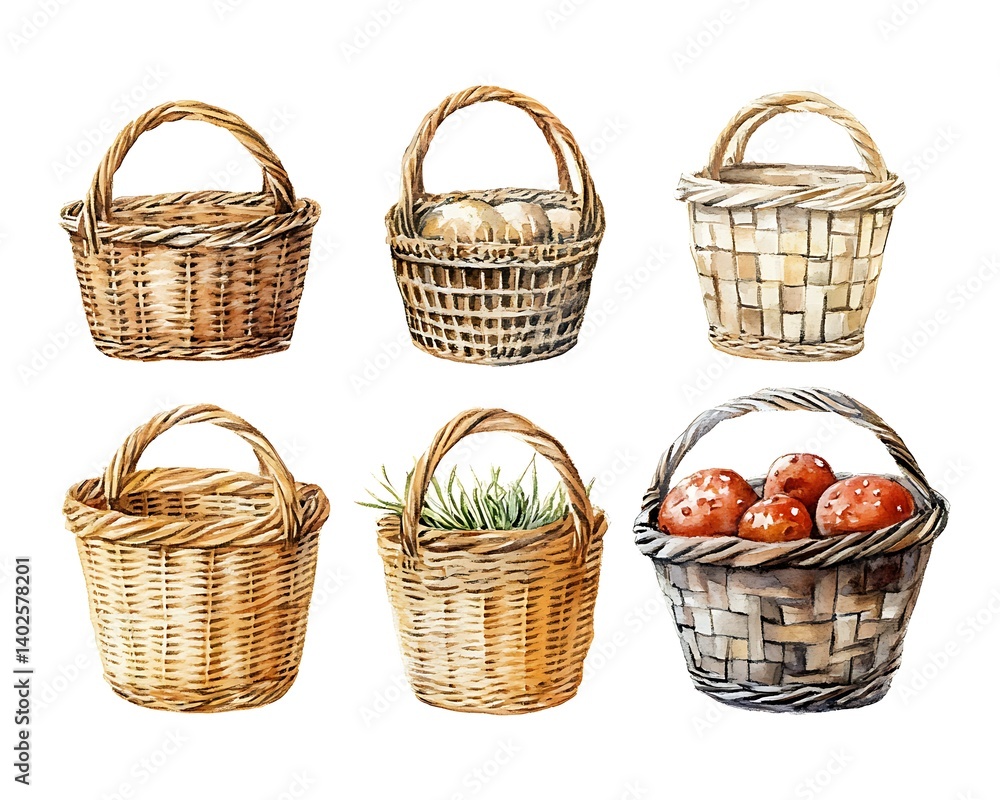 Watercolor Baskets, Various Styles Watercolor Baskets, Various Styles