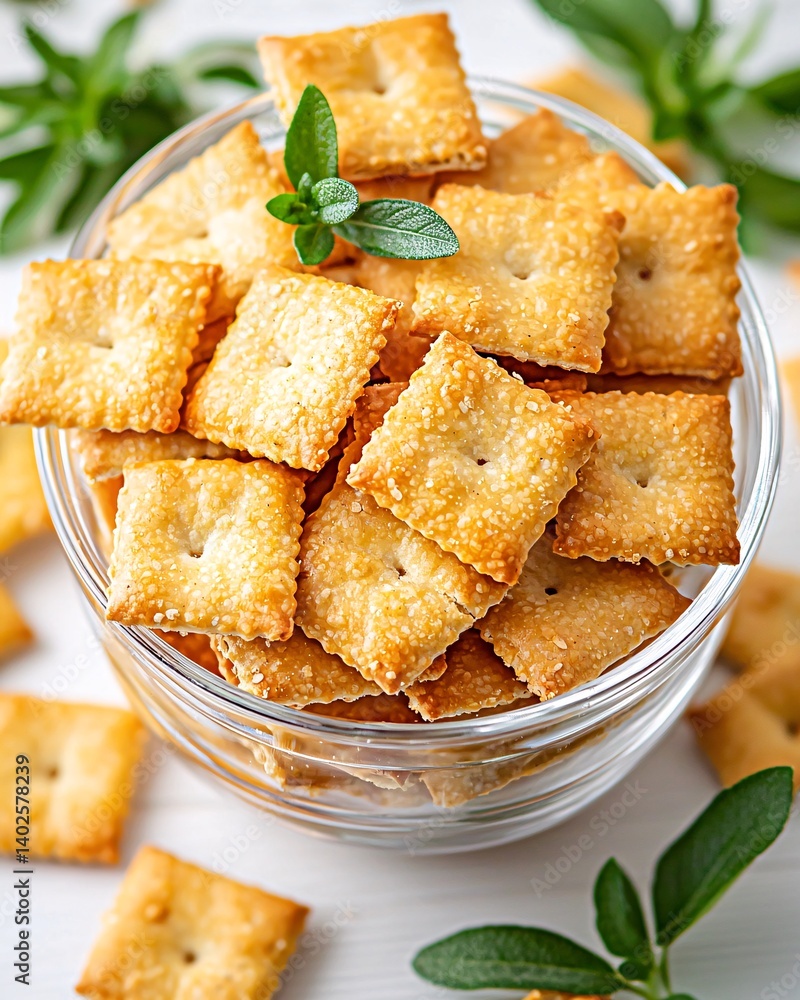 Delicious savory crackers in a glass bowl with green herbs on a light background for snack food concept