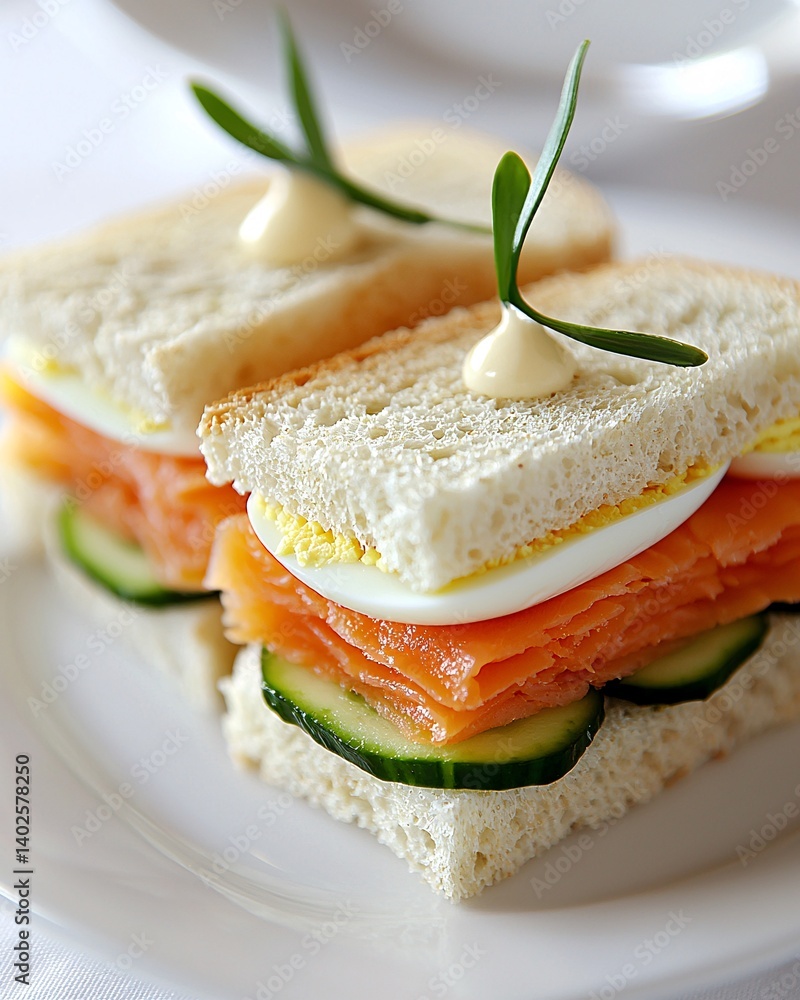 Delicious sandwich with layers of smoked salmon, cucumber, and egg served on soft white bread, garnished with green onion